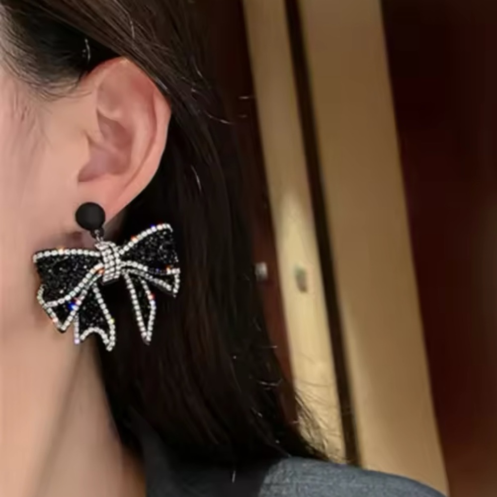 Black Velvety Bow Cubic Zirconia Earrings